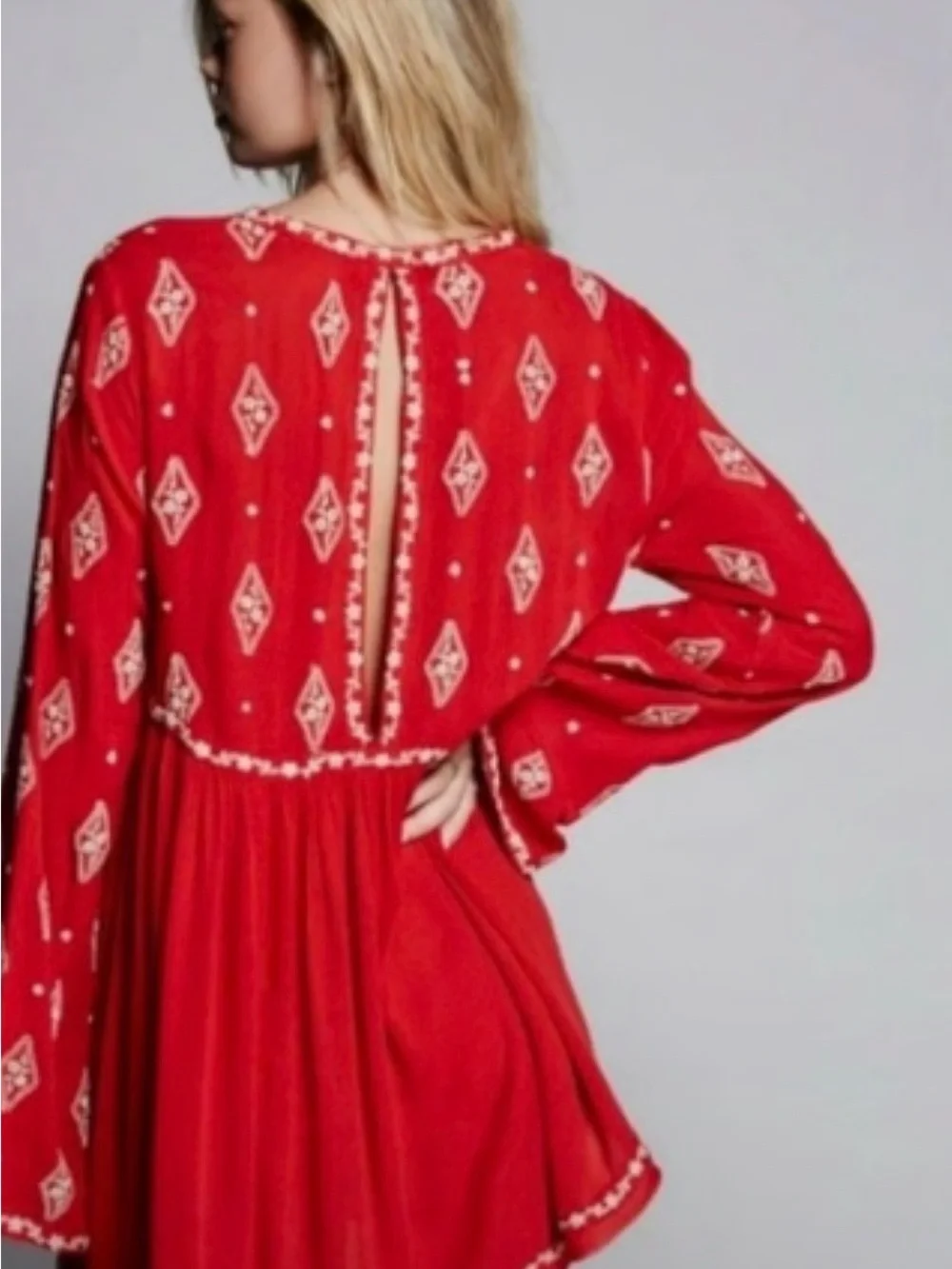 Free People Diamond Embroidered Tunic dress Bohemian Red White Small